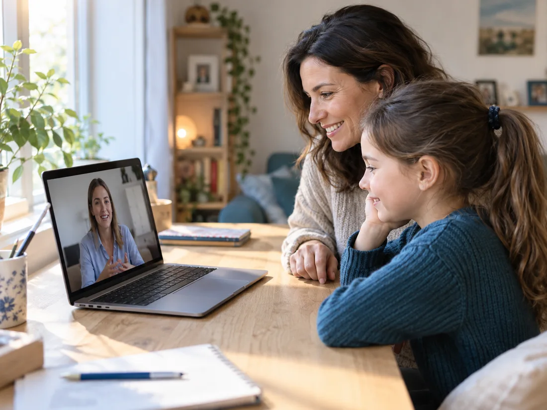 Illustration d’une mère et de son enfant échangeant avec une professionnelle en visioconférence